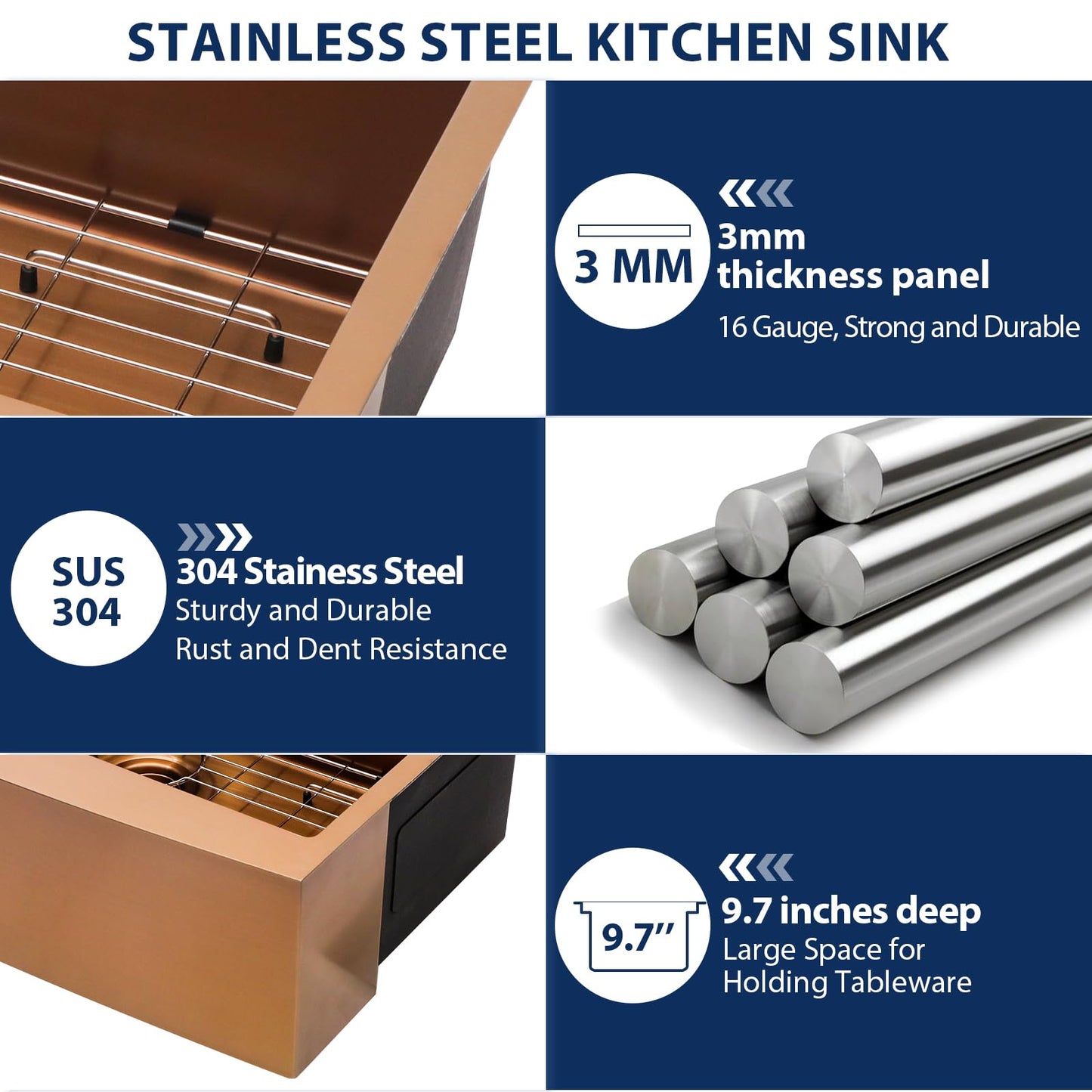 Lordear 36 inch Farmhouse Kitchen Sink Undermount Sink Matte Bronze 16 Gauge Stainless Steel Deep Single Bowl Burshed Rose Gold Farm Sink With Accessories