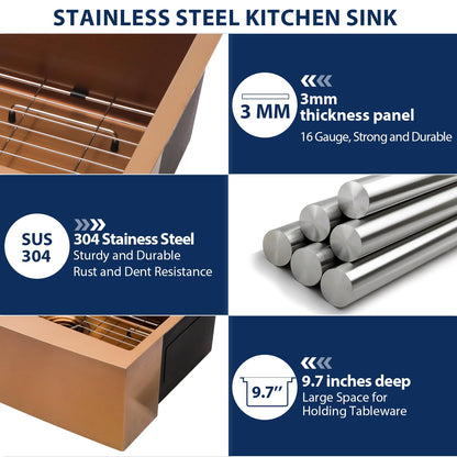Lordear 36 inch Farmhouse Kitchen Sink Undermount Sink Matte Bronze 16 Gauge Stainless Steel Deep Single Bowl Burshed Rose Gold Farm Sink With Accessories