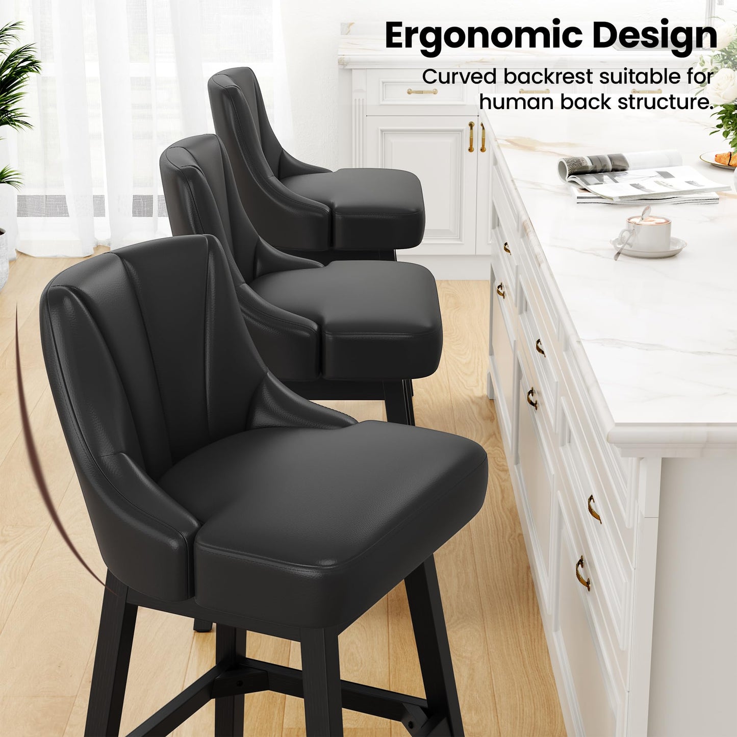 REONEY Swivel Bar Stools Set of 4, 26inch PU Leather Upholstered Counter Height Barstools, Modern Kitchen Island Chairs with Back and Solid Wood Legs for Home Bar, Black