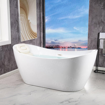 WOODBRIDGE 67" Acrylic Freestanding Bathtub Contemporary Soaking Tub, White Acrylic (Brushed Nickel Drain/Overflow) with Pillow