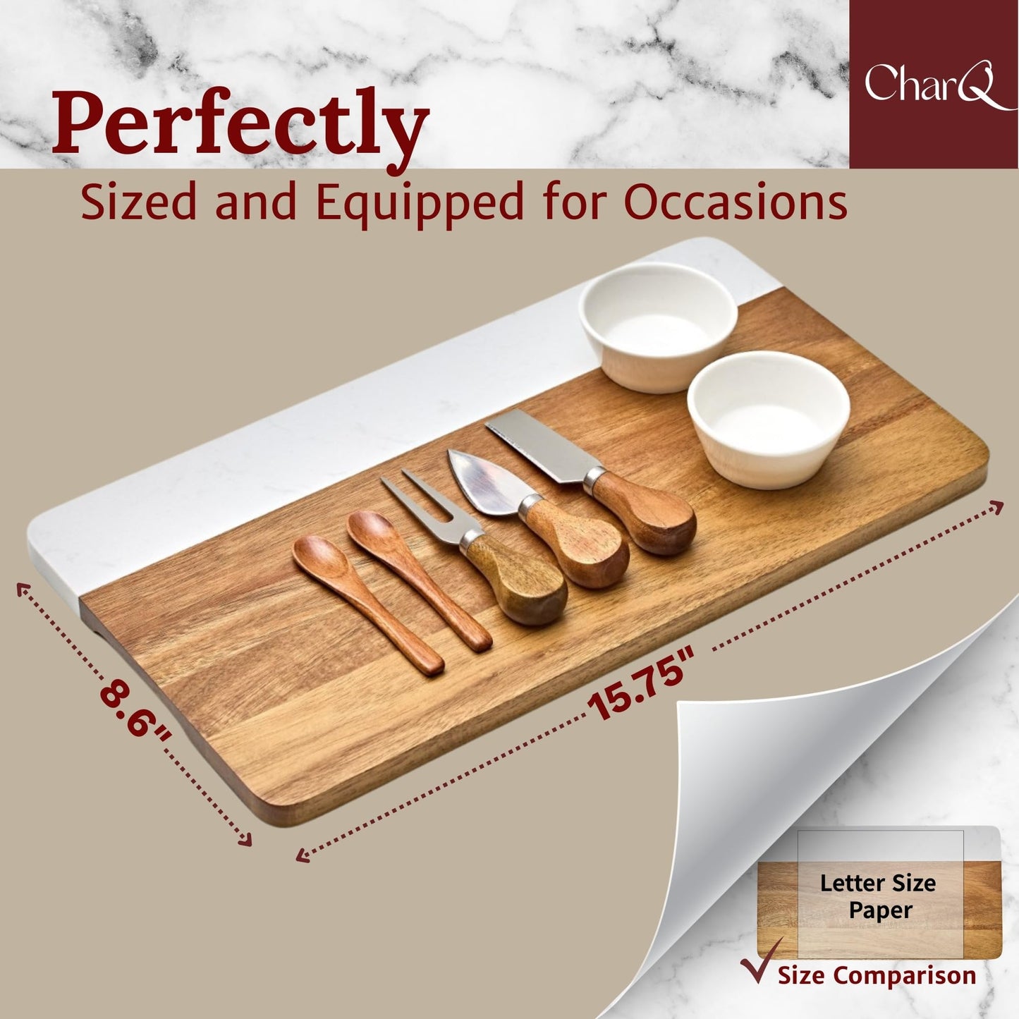 CharQ Charcuterie Board Set - Marble & Acacia Wood Cheese Board and Serving Board Platter, Charcuterie Boards Gift Set for Hosting, Wedding and Housewarming, Bridal Shower Marble Serving Tray