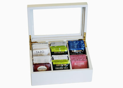 Break Tradition Wooden Tea Organizer For Tea Bags - Wooden Tea Chest With 6 Compartments - Clear Top Window - Lid Stays Open (White)