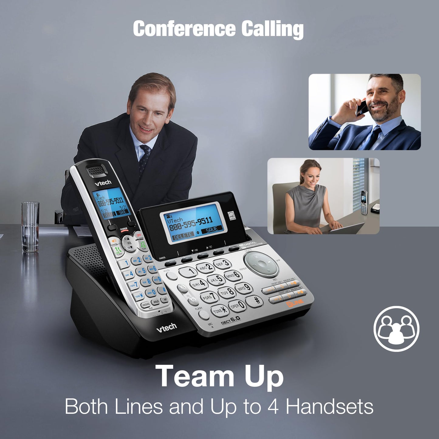 VTech Accessory Handset for DS6151 Series with 2-Line Cordless Phone, Suitable for Small Business or Home, Answering System, Expandable up to 12 Handsets, Intercom, Conference | DS6101 (Black/Silver)