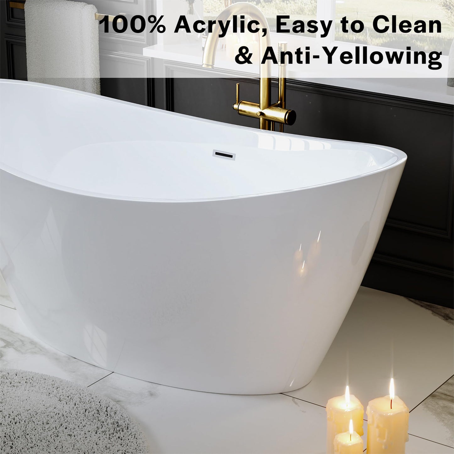 Empava Freestanding Bathtub, Acrylic Soaking Tub with Brushed Nickel Drain & Overflow – Modern Standalone Shower Tub, Non-Slip Flat Bottom Design, Glossy White, 59 Inch,cUPC Certified