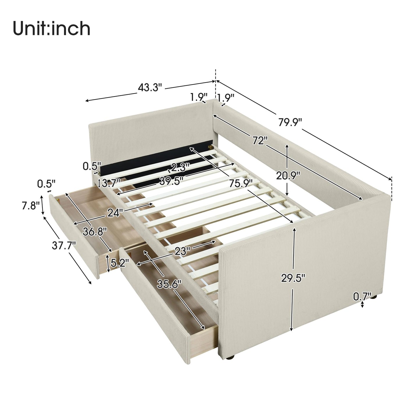 Merax Twin Size Corduroy Daybed with Two Drawers and Wood Slat,Sofa Bed Frame for Bedroom,Teens,Beige