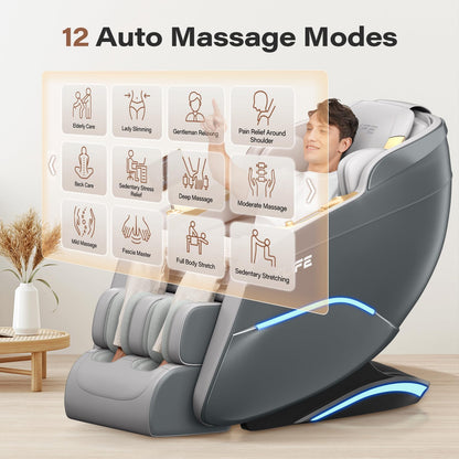 TLIFE Massage Chair Full Body, 160°Zero Gravity Recliner with Body Scan, 50" SL-Track Shiatsu Massage Chair, Fixed Point Massage, Foot Rollers, 12 Auto Modes, Deep Yoga Stretch, Heating, Grey