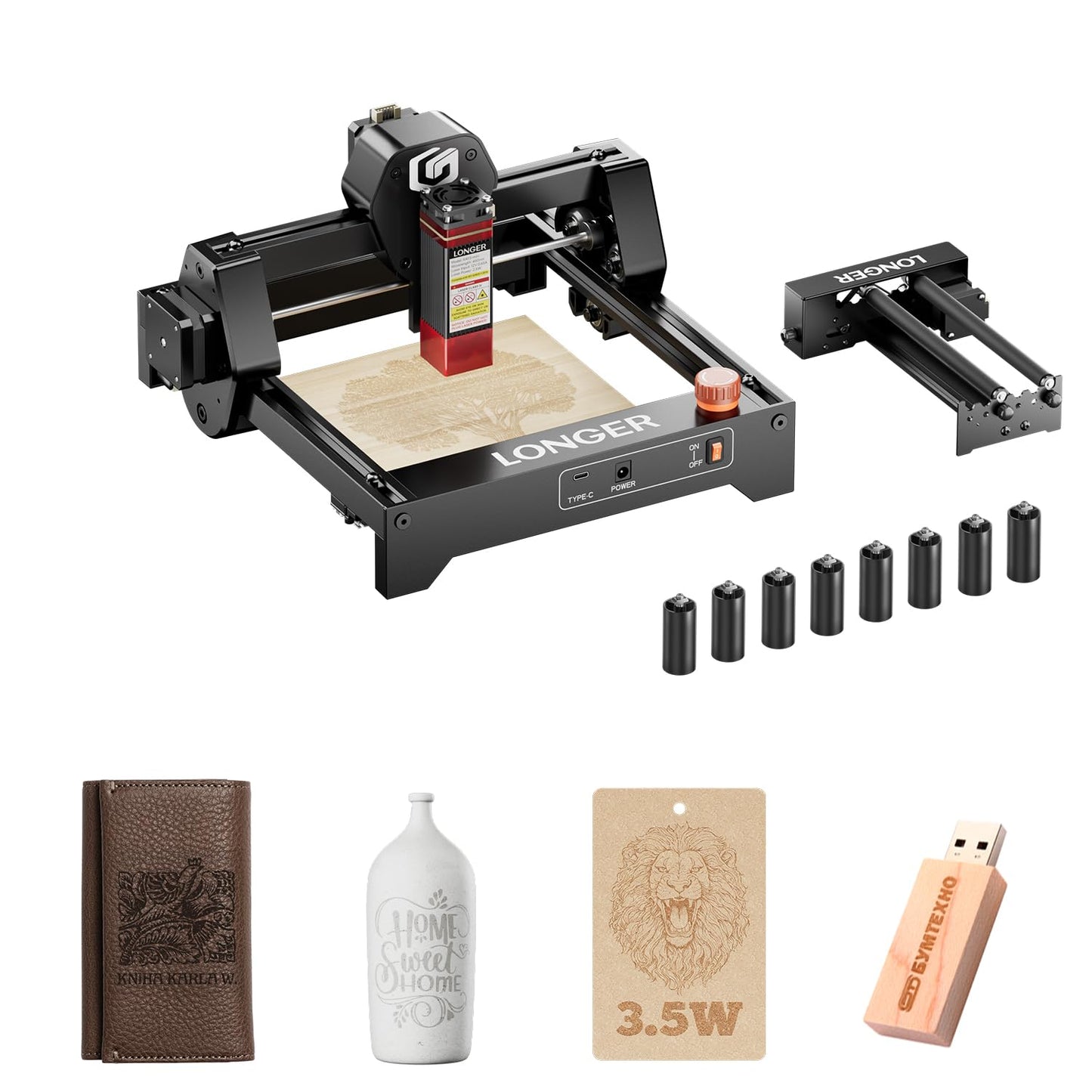 LONGER Ray5 mini 3.5W Portable Laser Engraving Machine with Rotary Roller Kits and 8 Pcs Raiser, 12000mm/min, Ideal for DIY Projects on Wood, Metal, Acrylic, Leather, and More
