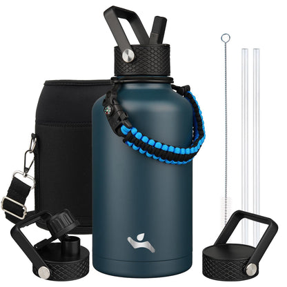 Konokyo Half Gallon Insulated Water Bottle with Straw,64 oz 3 Lids Water Jug with Carrying Bag,Paracord Handle,Double Wall Vacuum Stainless Steel Metal Flask,Navy Blue