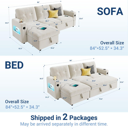 GarveeHome 84 Inch Sleeper Sofa Couch, L-Shaped Couches, Convertible Pull Out Sofa Bed with Storage, Charging Station, Led Lights, Modern Sectional Sofas for Living Room, Apartment, Velvet, Beige