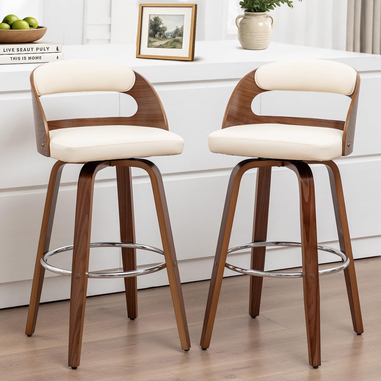 Mid Century Modern Counter Height Bar Stools Set of 2, 360° Swivel Counter Stools with Bentwood Walnut Frame, Upholstered Faux Leather Seat, Curved Back Kitchen Island Chairs, 25" Seat Height, Beige