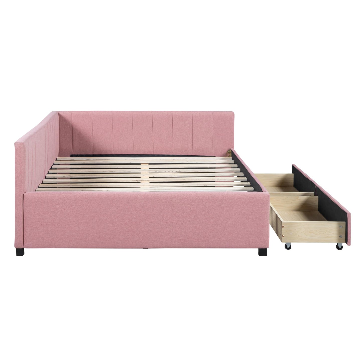 Merax Upholstered Daybed with 2 Storage Drawers, Full Size Sofa Bed Frame, No Box Spring Needed, Linen Fabric, Pink