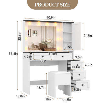 GarveeHome Makeup Vanity Desk and Stool, Vanity Desk with Lights, Vanity Table Set with Charging Station, Drawers and Hidden Storage Shelves, White