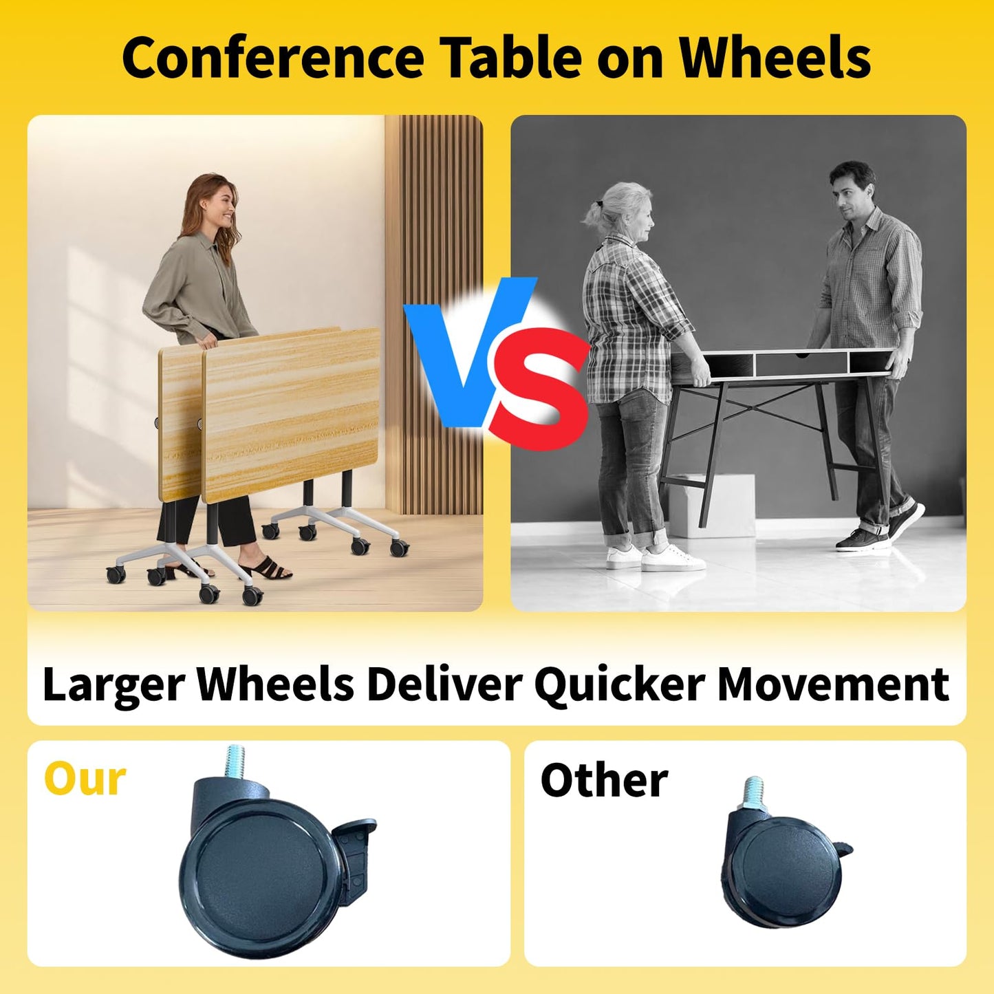 JNMDLAKO Conference Table, Folding Conference Room Tables On Wheels - Mobile Rectangle Large Meeting Seminar Tables,Flip Top Mobile Training Room Table for Office Business Classroom (4, Yellow, 63in)
