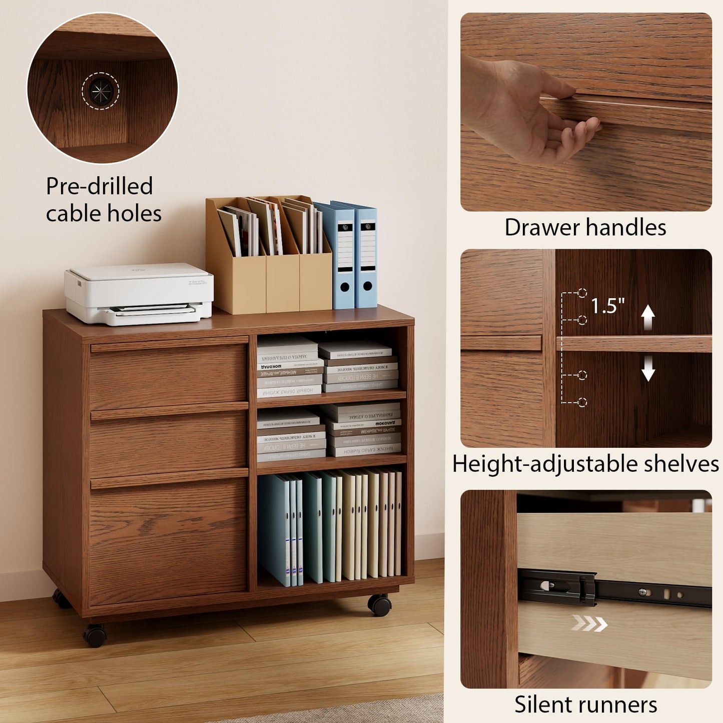 Solid Wood Lateral Filing Cabinet, 3 Drawer Mobile File Cabinet,Stand with Open Shelves,Storage Drawer Cabinet，The cabinet features adjustable steel rods，suitable for home offices,and bedrooms.