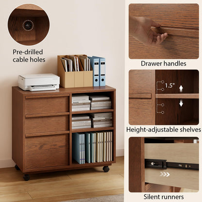 Solid Wood Lateral Filing Cabinet, 3 Drawer Mobile File Cabinet,Stand with Open Shelves,Storage Drawer Cabinet，The cabinet features adjustable steel rods，suitable for home offices,and bedrooms.