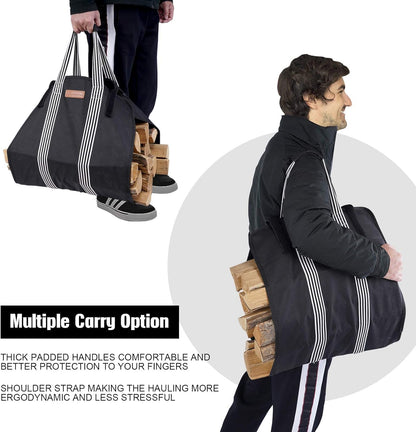 Heavy Duty Indoor Firewood Log Carrier Tote, Oxford Canvas Fabric, Foldable with Padded Handles, Large Capacity