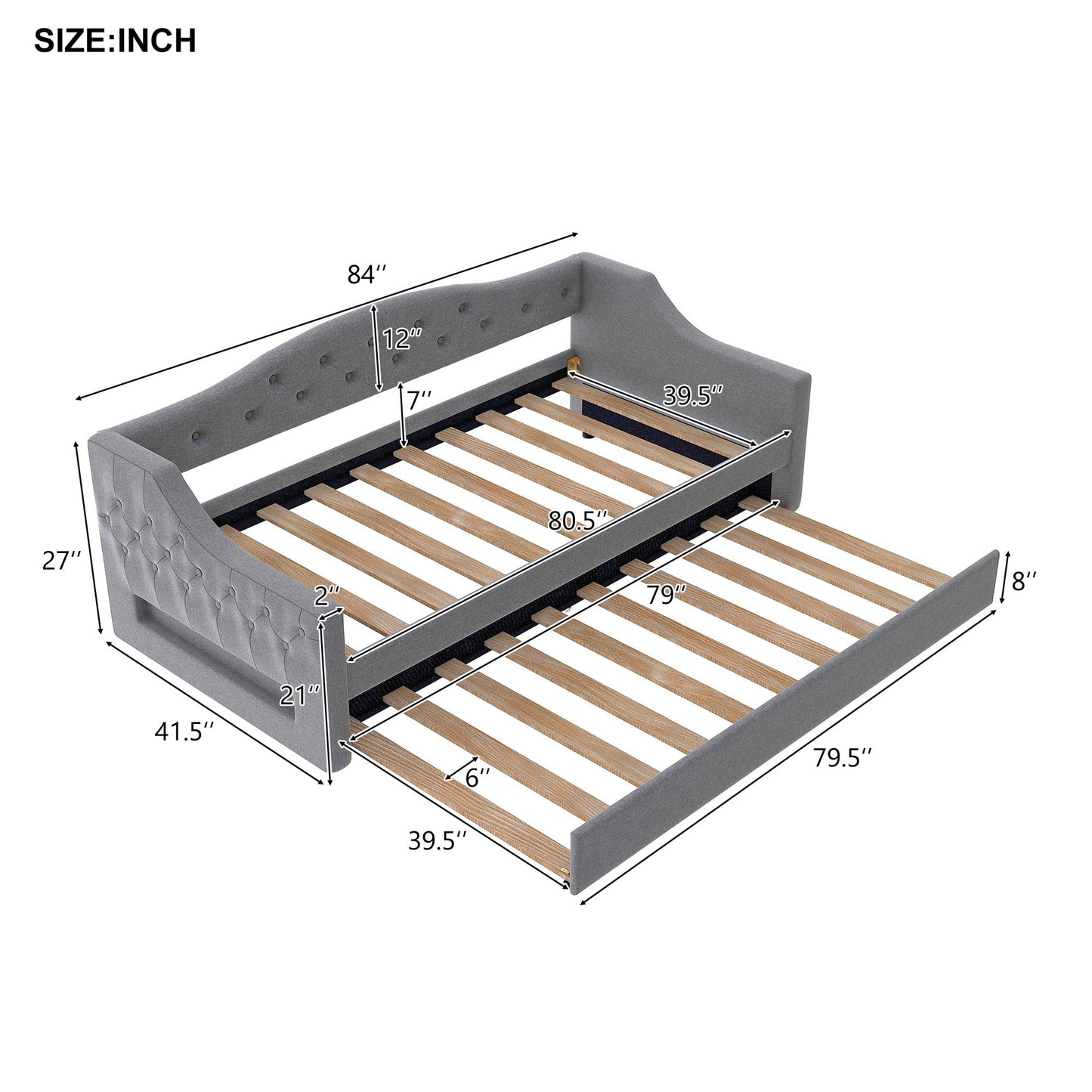 DNYN Twin XL Upholstered Daybed with Trundle(Twin) for Kids,Adults,Solid Wood Bedframe w/Led & Fabric Backrest Design,No Box Spring Needed & Easy Assembly, Gray