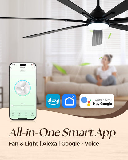 ECOiTEL 84 Inch Smart Ceiling Fan with Alexa APP,Large Black Ceiling Fan with Light,6 Speed,3CCT,Dual Finish 7 Blades,Quiet DC Motor Outdoor Fan for Patio,Big Living Room