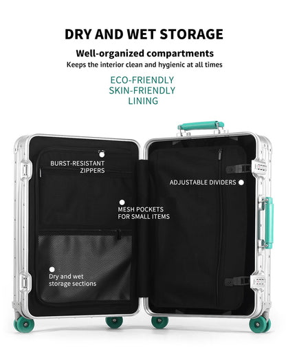 Varyleap All Aluminum Checked in Luggage, Zipperless Aluminum Suitcase, Hard Shell Carry On Luggage with TSA Lock, Spare Wheels for Travel. (Silver, 24in)
