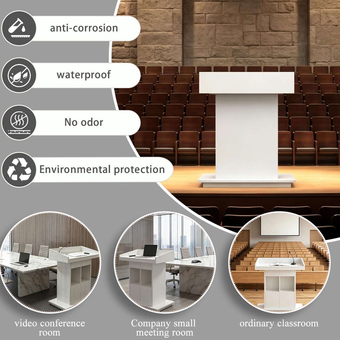 Portable Podium Stand, Podium Stand with Wheels, Church Pulpit with Storage, Church Podium Stands, Wooden Podium, Modern Podium, Lecterns Podiums, L39.4" x W20" x H44.3" (White)