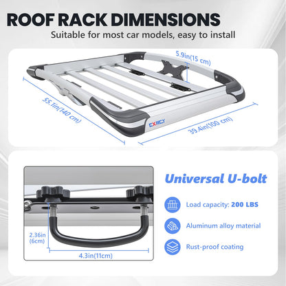 Roof Basket,Anti-Rust Aluminum Roof Basket,Universal Rooftop Cargo Carrier,Suitable for roof Racks, Equipped with crossbars,55“x39”x6“,250lb Supports,Medium Version (Silver)
