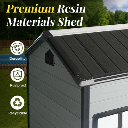 FammyLoft 8x4 FT Resin Storage Shed with Floor, Outdoor Plastic Shed with 2 Windows, 2 Vents and Lockable Door for Backyard Garden Patio Tools, Bike Metal Frame (Black+Grey)