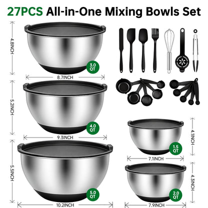 Deedro Premium Mixing Bowls with Airtight Lids Set, 22Pcs Thicker Stainless Steel Mixing Bowl Set, Large Prep Metal Bowls, Non-Slip Silicone Base Nesting Bowls for Kitchen, 1.5/2/3/4/5 QT, Black