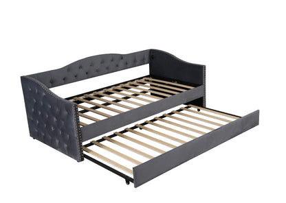 GDFStudio Twin Size Bed Frame with Trundle, Upholstered Twin Daybed with USB Charging Station, Diamond Tufted Velvet Sofa Bed, Wood Platform Twin Bed Frame with Solid Slat, No Box Spring Needed, Gray