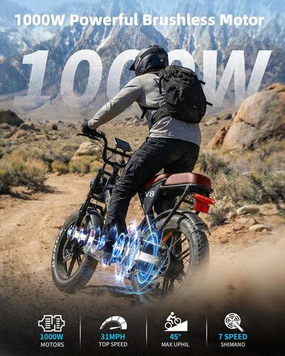 OUXI V8 Electric Bike for Adults, Ebike with15.6 AH Removable Battery Max 60Miles, 20" Electric Dirt Bike Dual Disc Brakes, 7-Speed Gear, Electric Motorcycle for Commuting & Off-Road