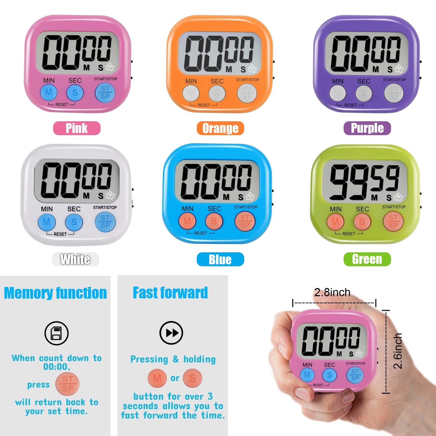 6 Pack Multi-Function Electronic Timer - Magnetic Digital Timers Big LCD Display The Loud/Silent Switch Countdown Timer Extensively Use in Break Time, Cooking,Gym, Meeting, Classroom