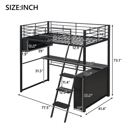 Merax Twin Size Metal Loft Bed with LED, Desk, 4 Storage Shelves, Full-Length Guardrails and Ladder for Kids Teens Adults, Black