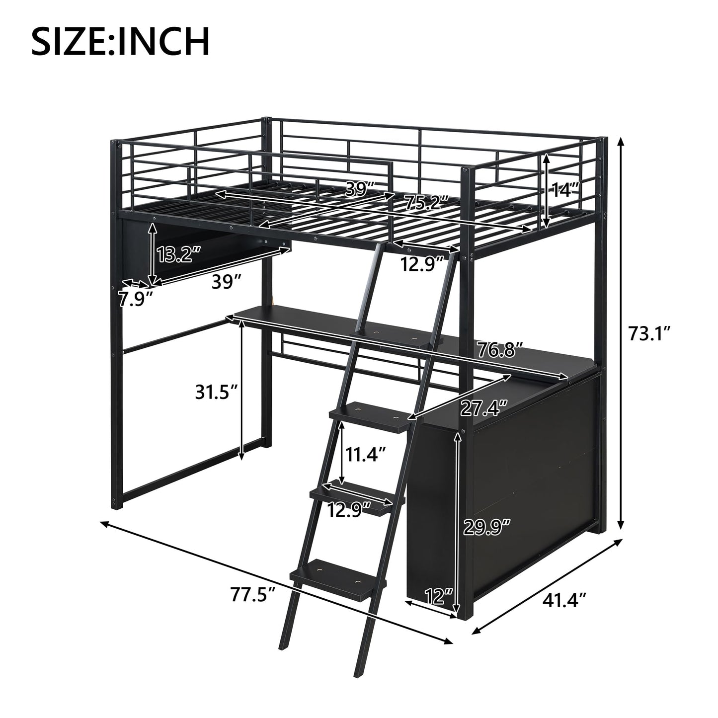 Metal Twin Size Loft Bed with Desk and LED Light,Heavy Duty Loft Bed Frame with Storage Shelves and Inclined Ladder for Kids,Adults,Twin Size,Black