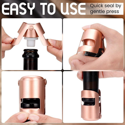 Champagne Stoppers Stainless Steel, Prosecco Sparkling Wine Bottle Stopper with Silicone Sealing Plug, Leak proof Keep Fresh Reusable Champagne Cork & Saver (Rosegold, 2 Pack)