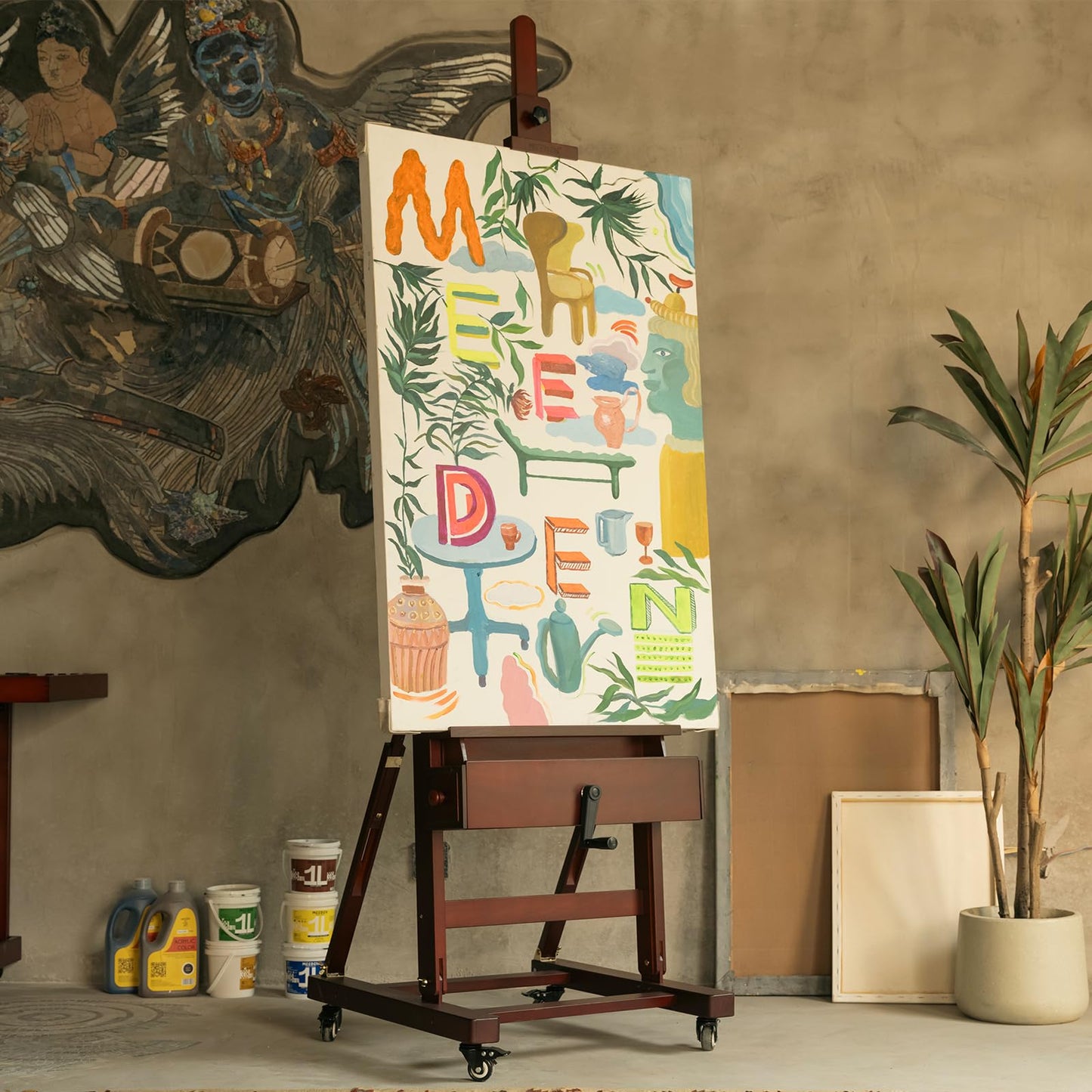 MEEDEN Extra-Large Art Painting Easel - Professional Artist Crank With Height Adjustable 71" to 98" - Heavy Duty Beech Wood Studio H Frame Stand for Painting Canvas up to 83"