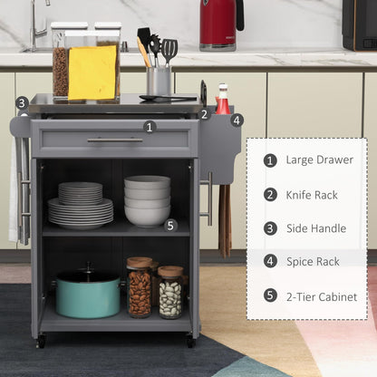GOWE Kitchen Island on Wheels, Rolling Kitchen Cart with Stainless Steel Countertop, Drawer, Towel Rack and Spice Rack, Utility Storage Trolley, Gray