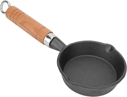 Fdit 10CM Casting Iron Frying Pan, Wood Handle Egg Skillet, Mini Flat Bottomed Pancake Pan