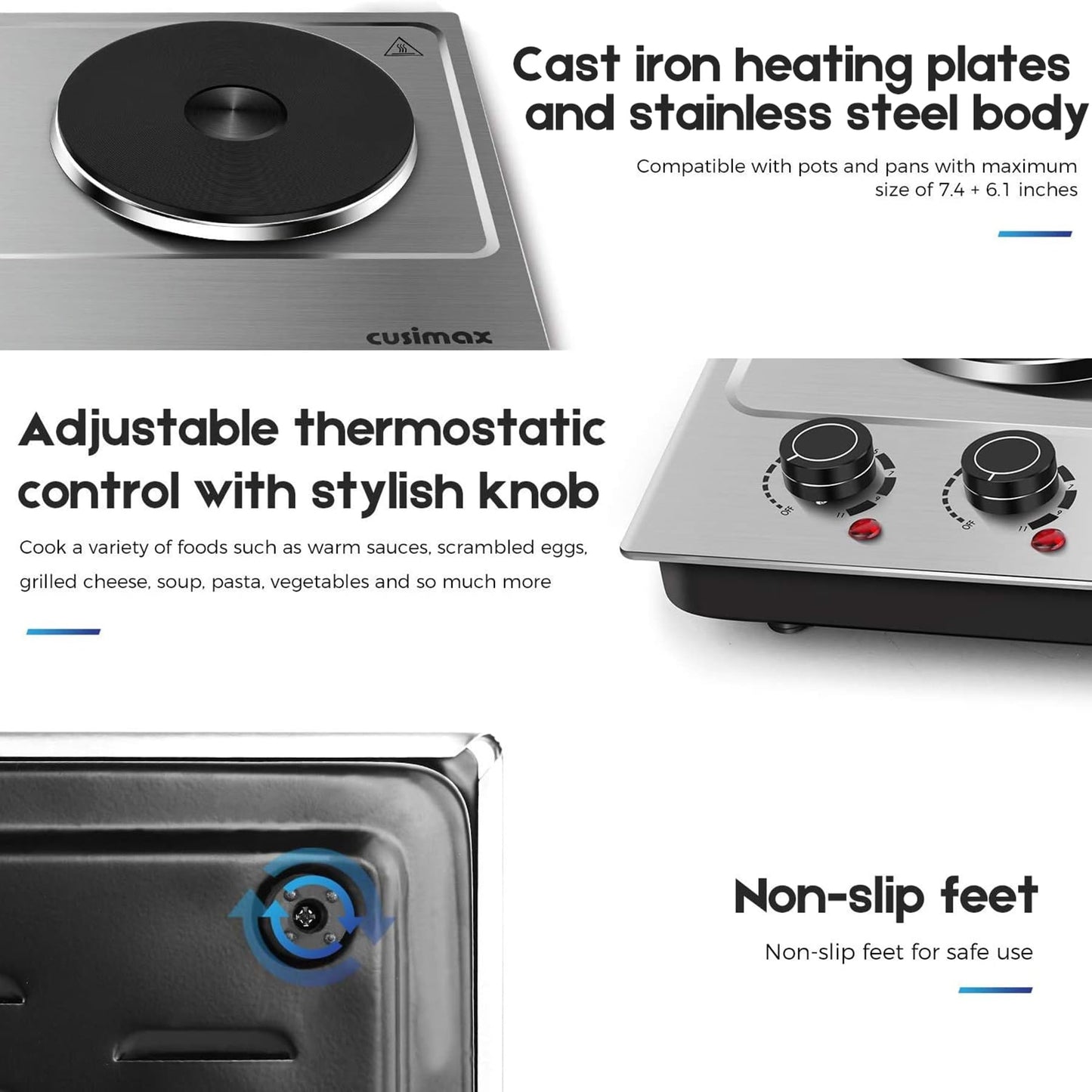 CUSIMAX 1800W Double Hot Plate, Stainless Steel Silver Countertop Burner Portable Electric Double Burners Electric Cast Iron Hot Plates Cooktop, Easy to Clean, Upgraded Version C180N