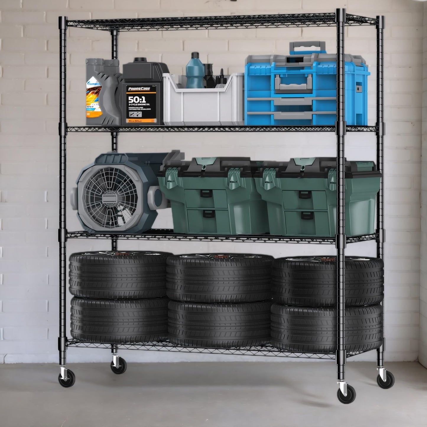 Himimi Storage Shelves 60" W Wire Shelving with Wheels 2600LBS Heavy Duty Metal Shelves for Storage, 4-Tier Adjustable Wire Rack Shelving Garage Shelving Kitchen Storage Shelves 24" Dx60 Wx72H, Black