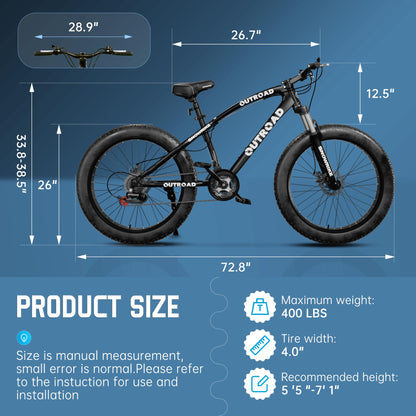 MarKnig 26 inch Fat Tire Mountain Bike with 4 inch Knobby Tires, 21 Speed MTB with Dual Disc Brake for Adults, Anti-Slip Bicycle, Black