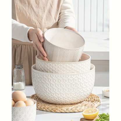 MIKIGEY Ceramic Mixing Bowls, Embossed Nesting Bowls Set of 4, Mixing Bowl Set for Serving, Baking, Cooking and Gift, Microwave and Dishwasher Safe, 20/47/99/148 oz, Off-White