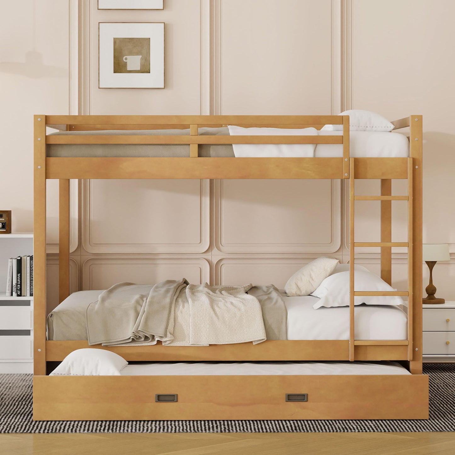 Merax Modern Queen Over Queen Size Wood Bunk Bed with Ladder and Twin XL Trundle, No Box Spring Required, Space-Saving, Wood Color