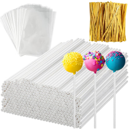 600Pcs Lollipop Stick, 6IN Cake Pop Sticks with Clear Treat Bags & Gold Twist Ties, Cake Pops Making Tools for Lollipops, Candies, Chocolates Cookies