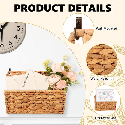 2 Pcs Woven Mail Holder Wall Mount Basket Rattan Wall Letter Holder Wicker Hanging Magazine Rack Water Hyacinth Magazine Basket 9.25x1.57 Inch Hanging Storage Basket with Hooks for Envelope Office