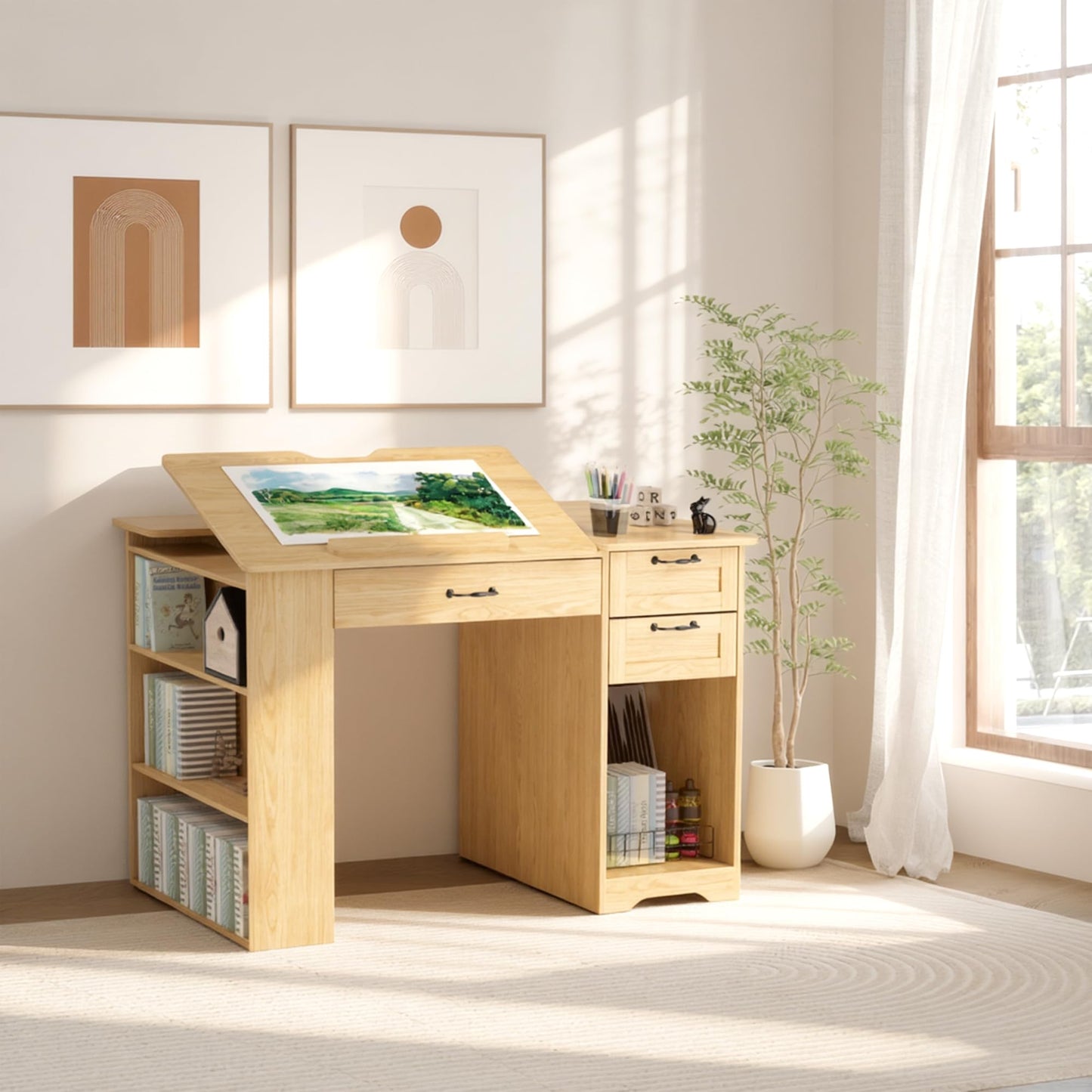 GatherHome Drafting Table with Storage Cabinet & Drawers, Adjustable Drawing Table with Open Shelves, Craft Art Desk for Artists, Painters, Drawing, Crafting, Reading, Writing, Working