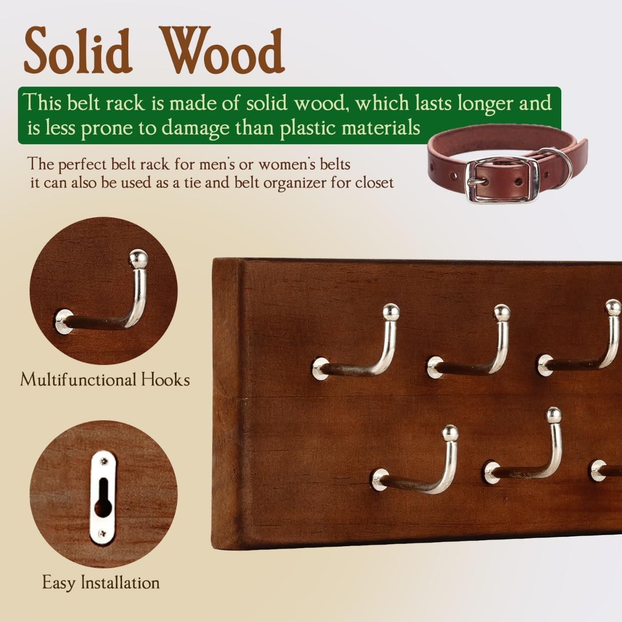 28 Closet, 4.25''Hx16''L Treehouse Belt Organizer Rack, Holds Over Large Belts, Sturdy Metal & Sturdy Wood Storage