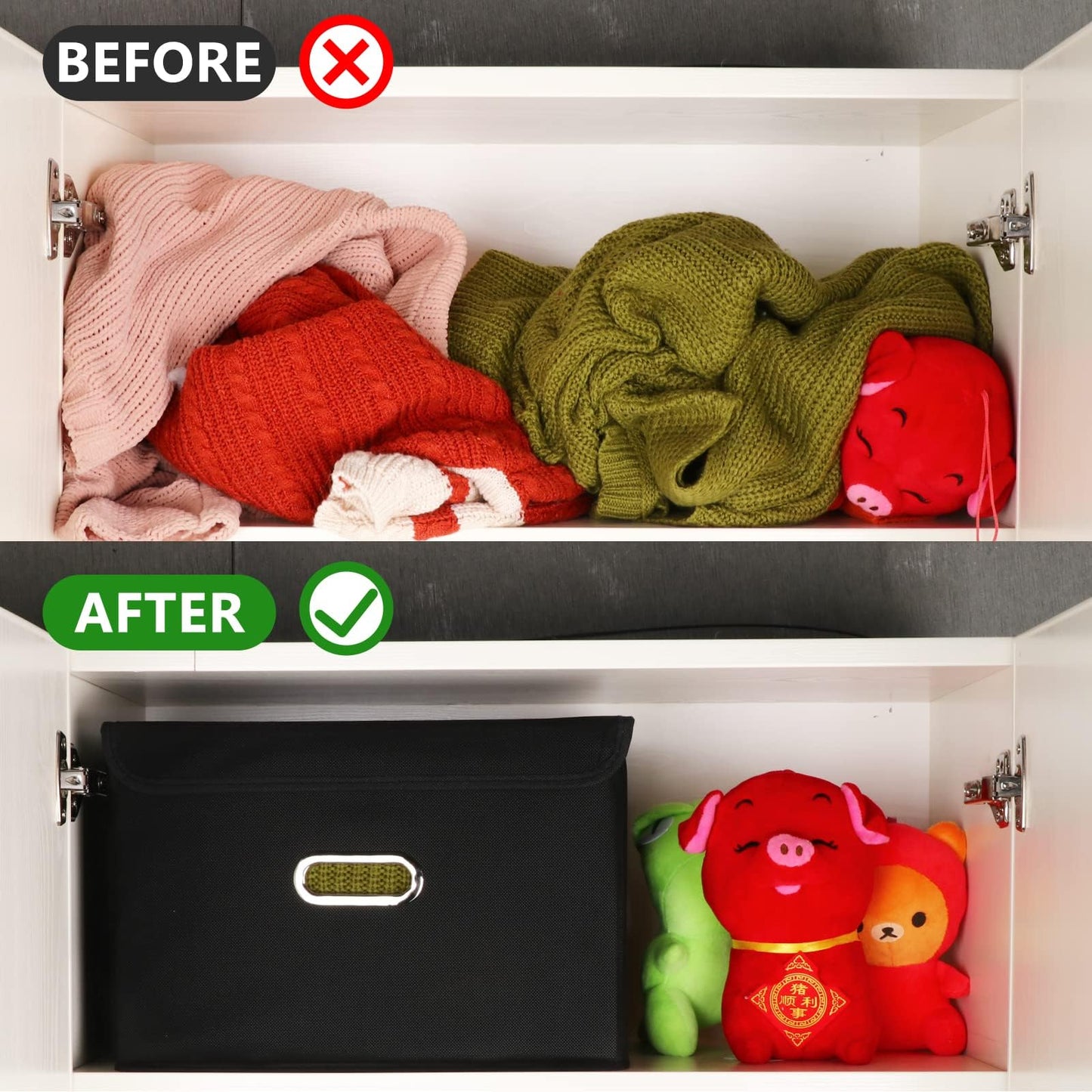 SEVENDOME 4-Pack Large Collapsible Storage Bins with Lids,Fabric Storage Cubes Organizer for Shelves,Closet,Nursery,Foldable Cube Storage Baskets with Handles,Home Boxes (14.9"x9.8",Black)