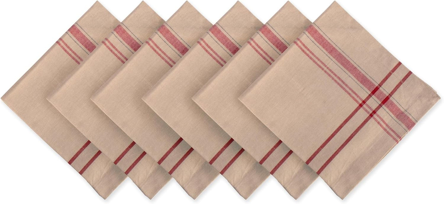 DII French Stripe Tabletop Collection 6 Piece Dining Table Linen Napkin Set, 20x20, Taupe/Red Farmhouse Style