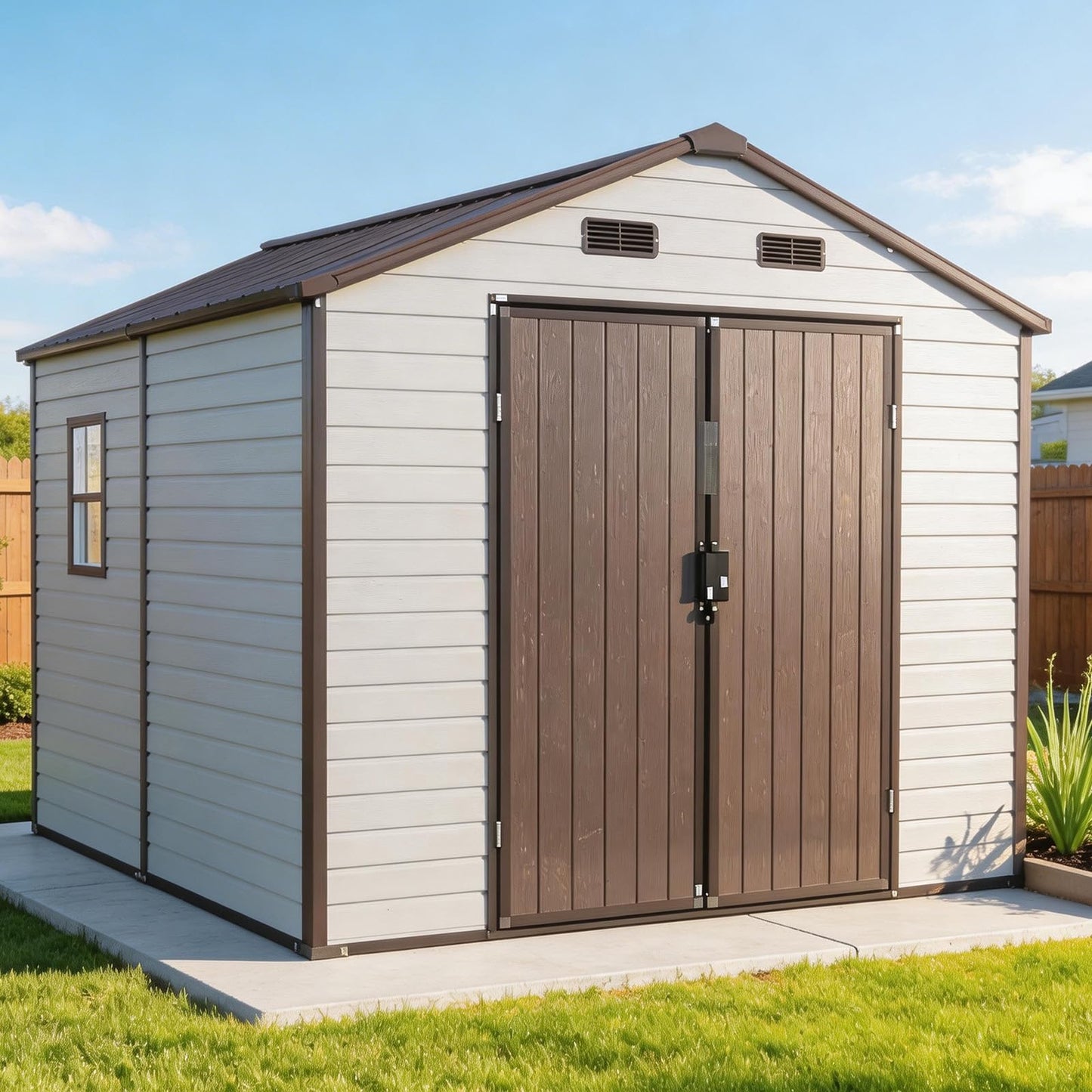 FammyLoft 8x8 FT Heavy Duty Resin Shed with Floor, Waterproof Outdoor Storage Shed with 2 Windows & 4 Vents, Lockable Door for Backyard, Garden, Patio, Bikes Brown White