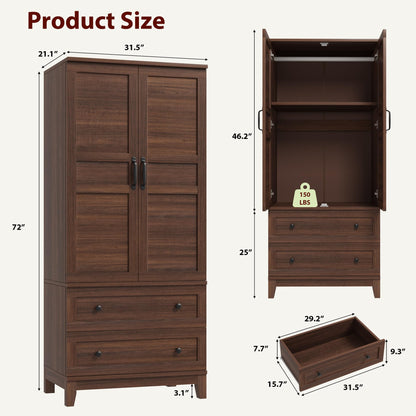 GarveeHome Armoire Wardrobe Closet with 2 Drawers,72 in Wooden Wardrobe Cabinet with Hanging Rod, Tall Clothing Armoire Cabinet with Doors and 18 Adjustable Shelves for Bedroom, Clothes,Walunt Brown