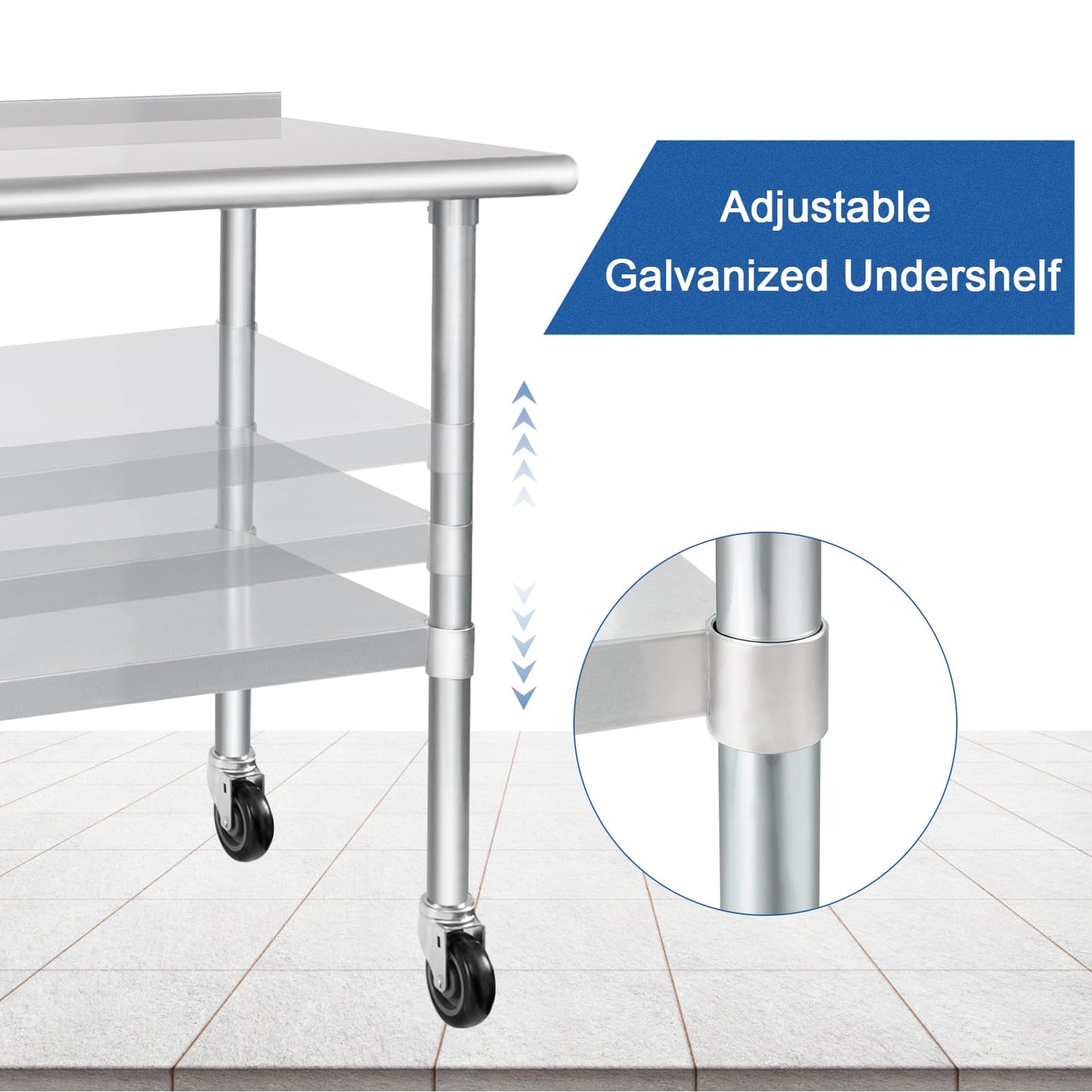 HARDURA Stainless Steel Table 30 x 60 Inches with Wheels Casters NSF Heavy Duty Commercial Prep Table with 2” Backsplash and Adjustable Undershelf for Restaurant Kitchen Home and Hotel